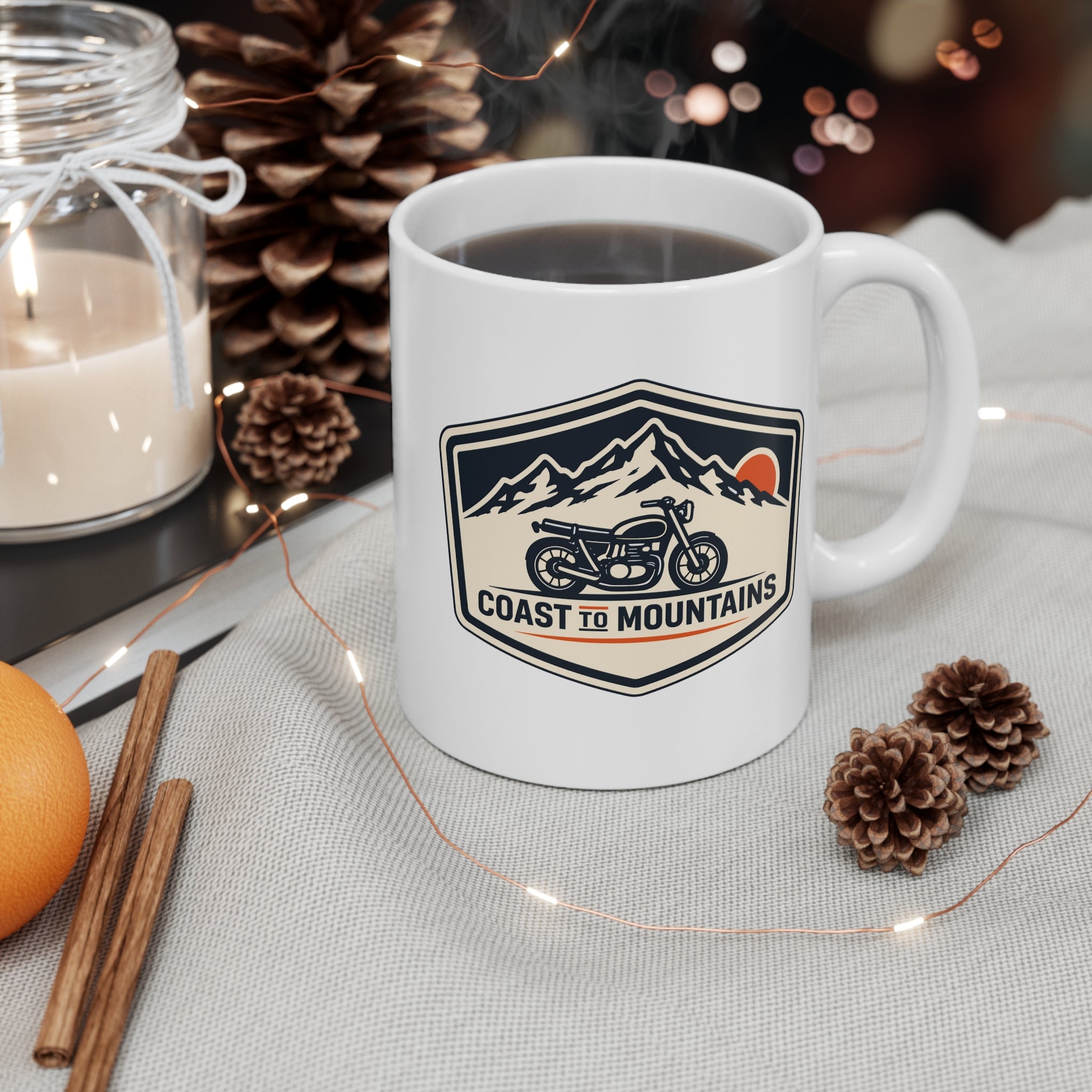 Coast to Mountains Motorcycle Mug — Vintage Adventure Coffee Cup (11 oz)