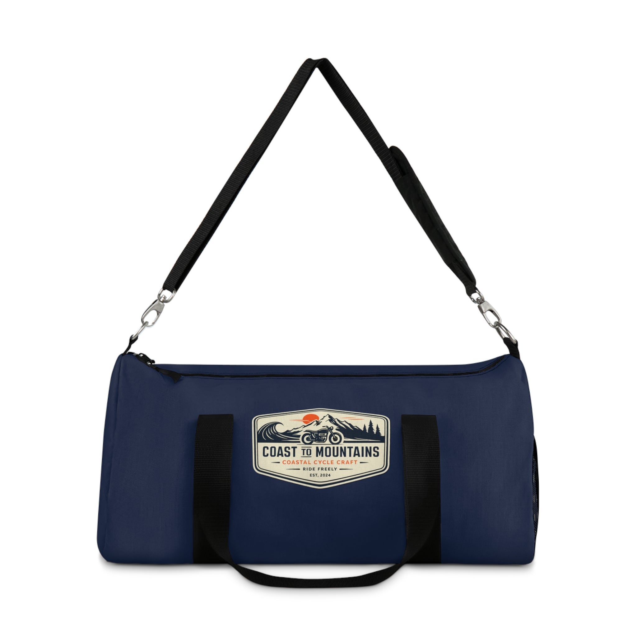 Navy blue bag with a logo on a white background