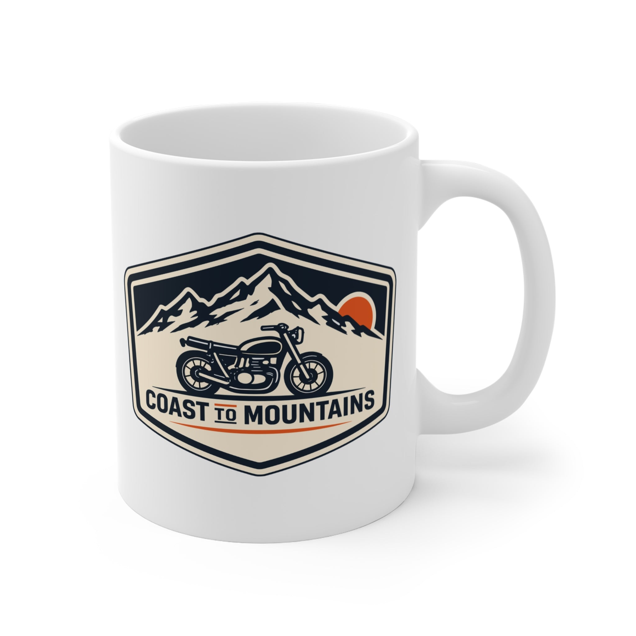 Coast to Mountains Motorcycle Mug — Vintage Adventure Coffee Cup (11 oz)
