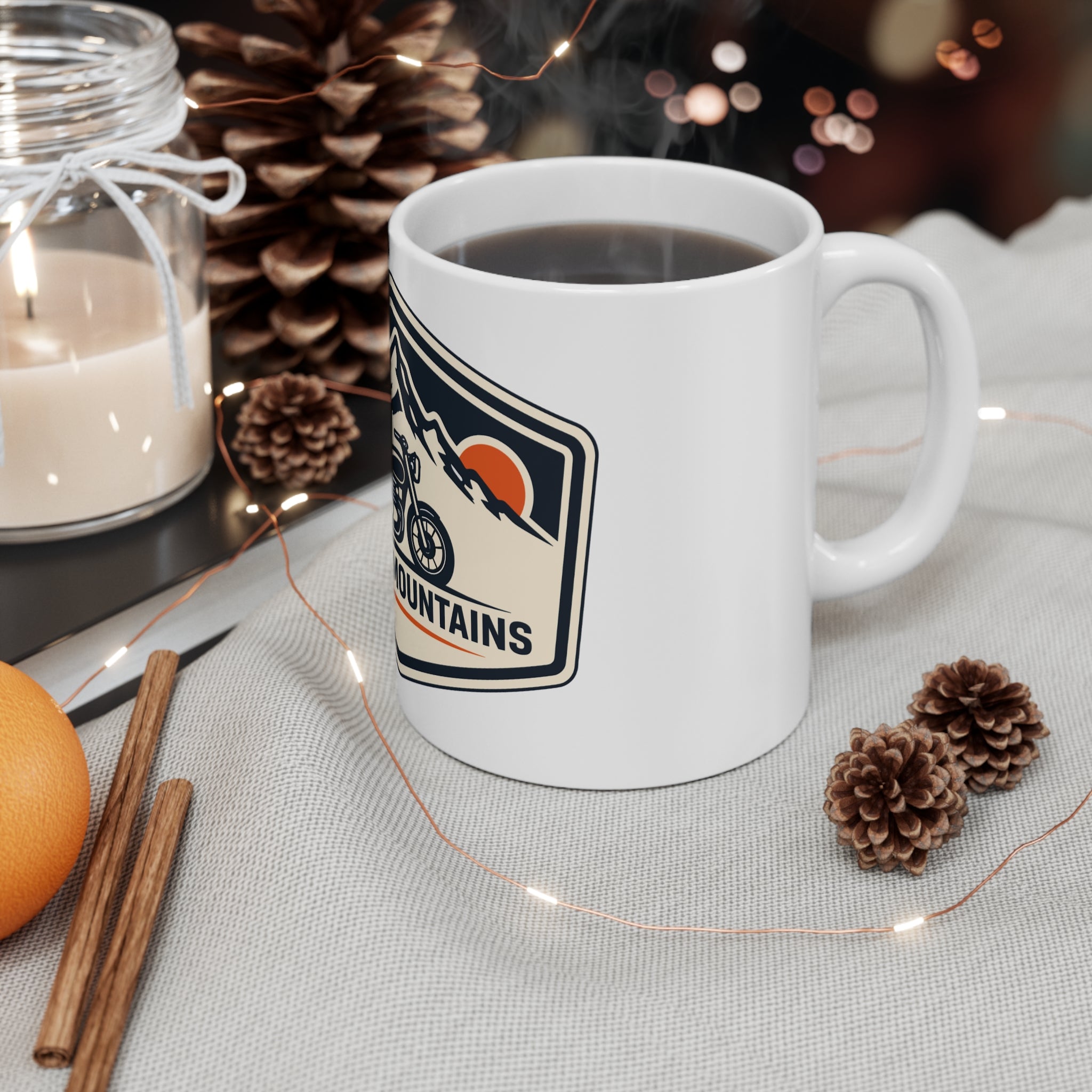 Coast to Mountains Motorcycle Mug — Vintage Adventure Coffee Cup (11 oz)