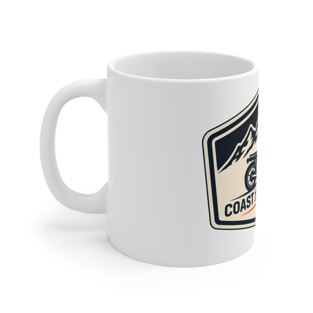 Coast to Mountains Motorcycle Mug — Vintage Adventure Coffee Cup (11 oz)
