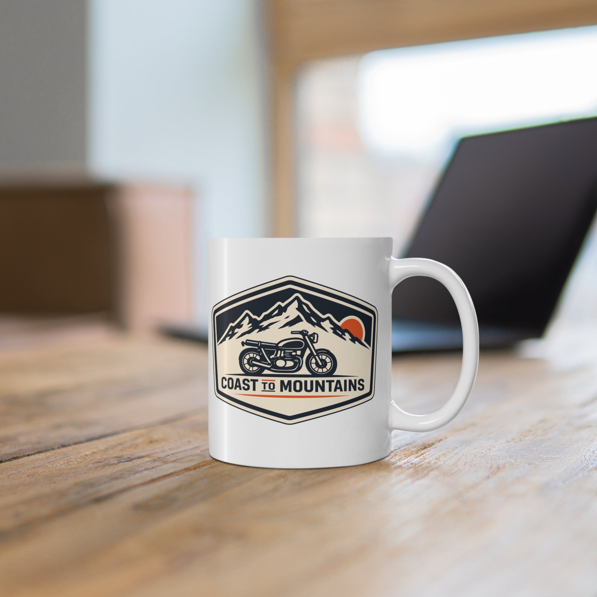 Coast to Mountains Motorcycle Mug — Vintage Adventure Coffee Cup (11 oz)