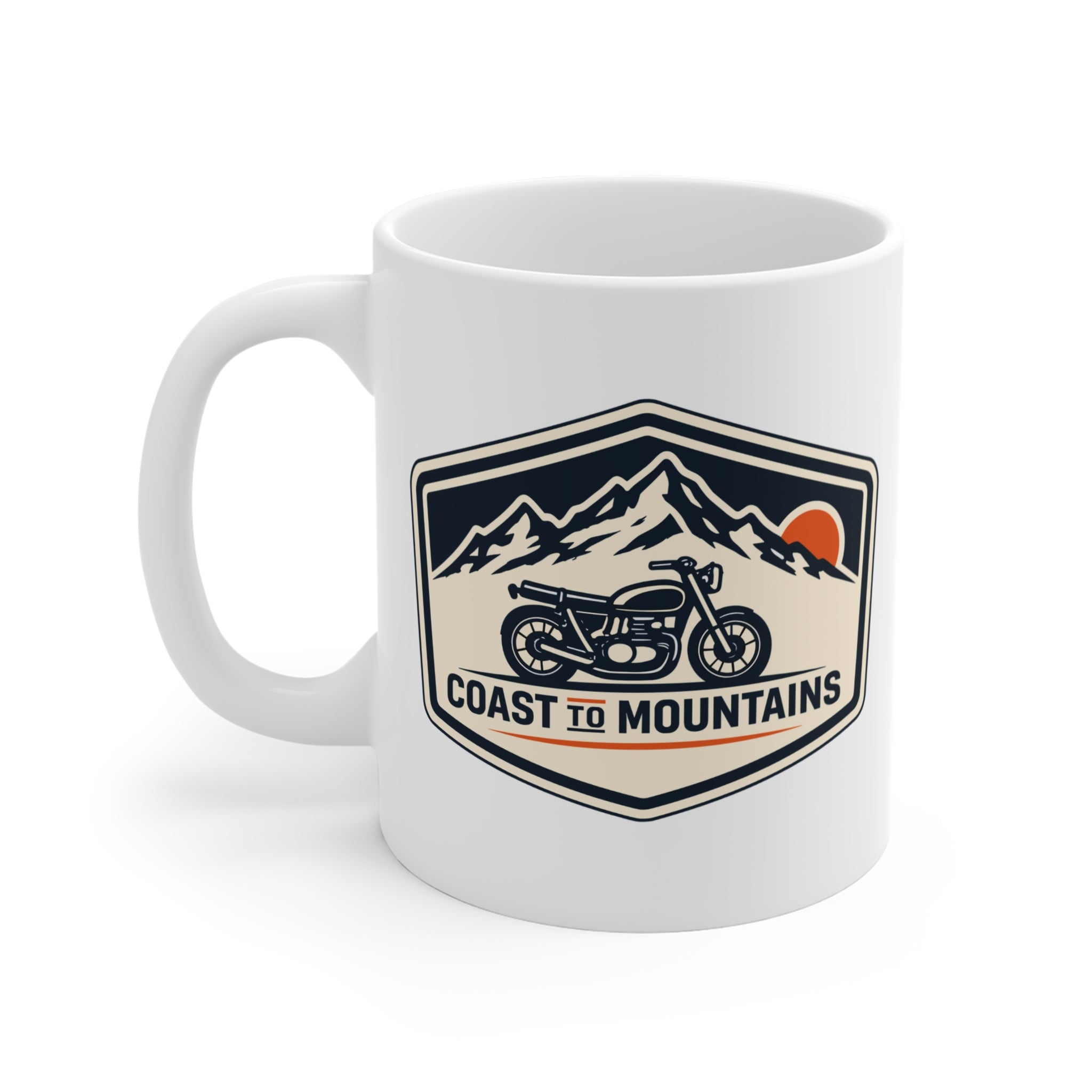 Coast to Mountains Motorcycle Mug — Vintage Adventure Coffee Cup (11 oz)