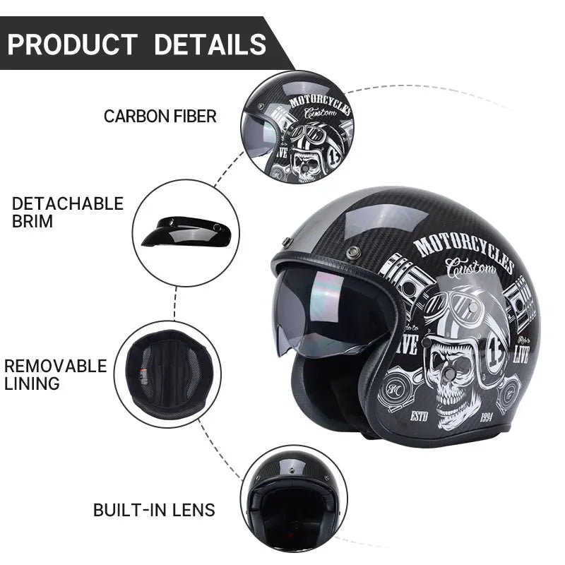 Carbon Fiber Retro Open-Face Motorcycle Helmet – DOT Certified