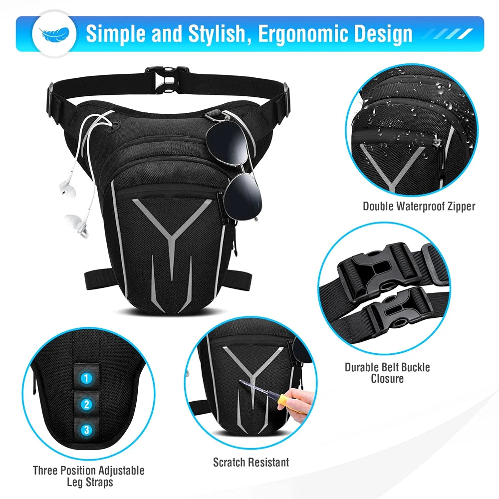 Moto Drop Leg Bag | Waterproof Thigh Pack with Reflective Detail & Audio Port