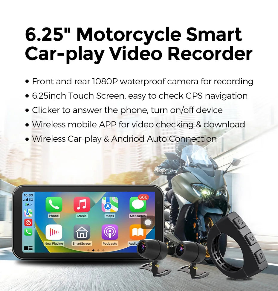 6.25" Motorcycle GPS Navigation – Wireless CarPlay & Android Auto DVR