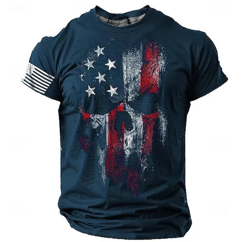 American Flag Skull Graphic Tee | Biker Streetwear – Navy