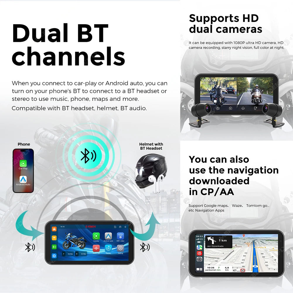 6.25" Motorcycle GPS Navigation – Wireless CarPlay & Android Auto DVR