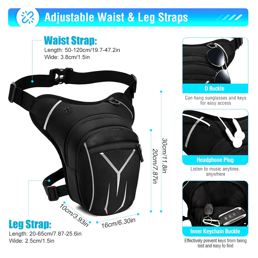 Moto Drop Leg Bag | Waterproof Thigh Pack with Reflective Detail & Audio Port
