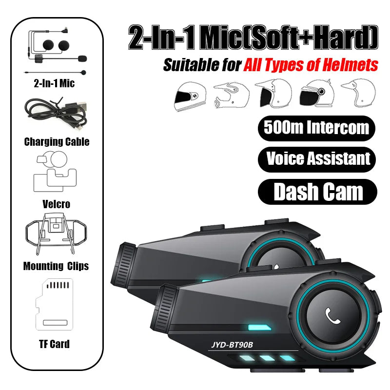 Moto Helmet Intercom & Dash Cam – Bluetooth 5.4, 1080P, 500M Range