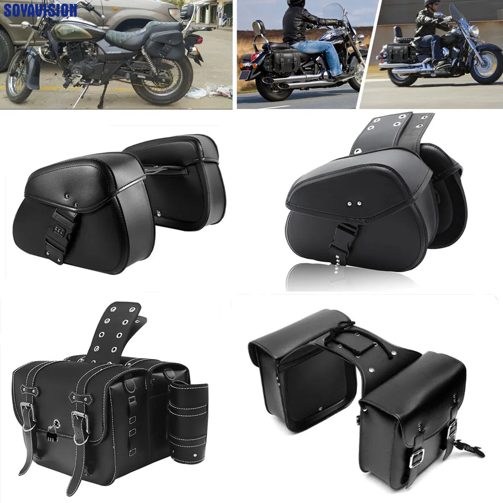 Retro Motorcycle Saddlebags | PU Leather Side Bags for Cruisers & Bobbers (Pair)