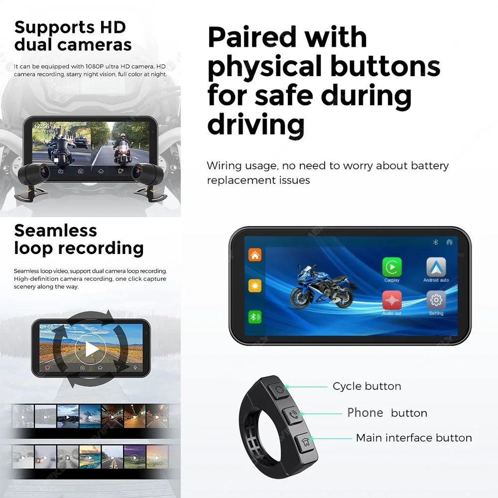 6.25" Motorcycle GPS Navigation – Wireless CarPlay & Android Auto DVR