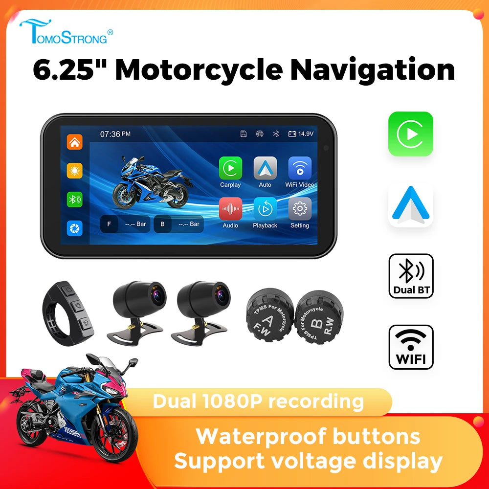 6.25" Motorcycle GPS Navigation – Wireless CarPlay & Android Auto DVR