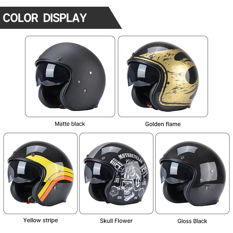 BikerZoneZ Carbon Fiber Retro Open-Face Motorcycle Helmet | DOT Certified