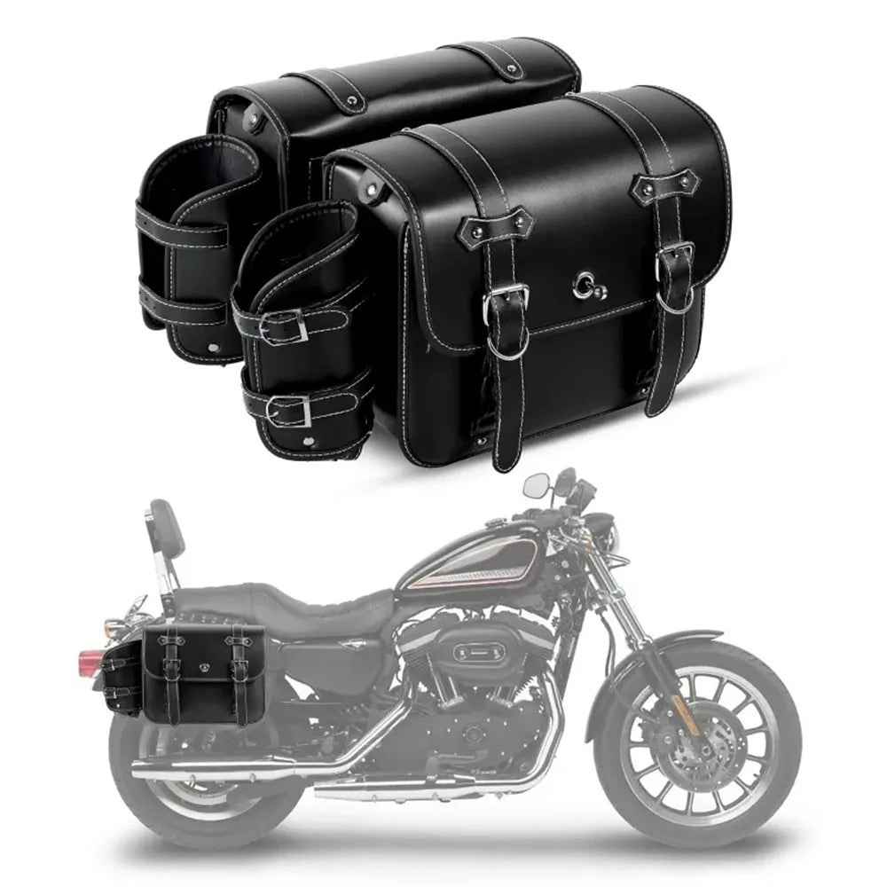 Retro Motorcycle Saddlebags | PU Leather Side Bags for Cruisers & Bobbers (Pair)