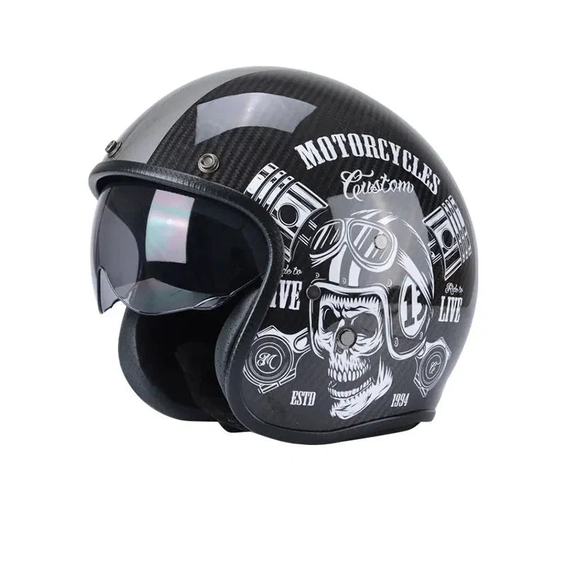 BikerZoneZ Carbon Fiber Retro Open-Face Motorcycle Helmet | DOT Certified