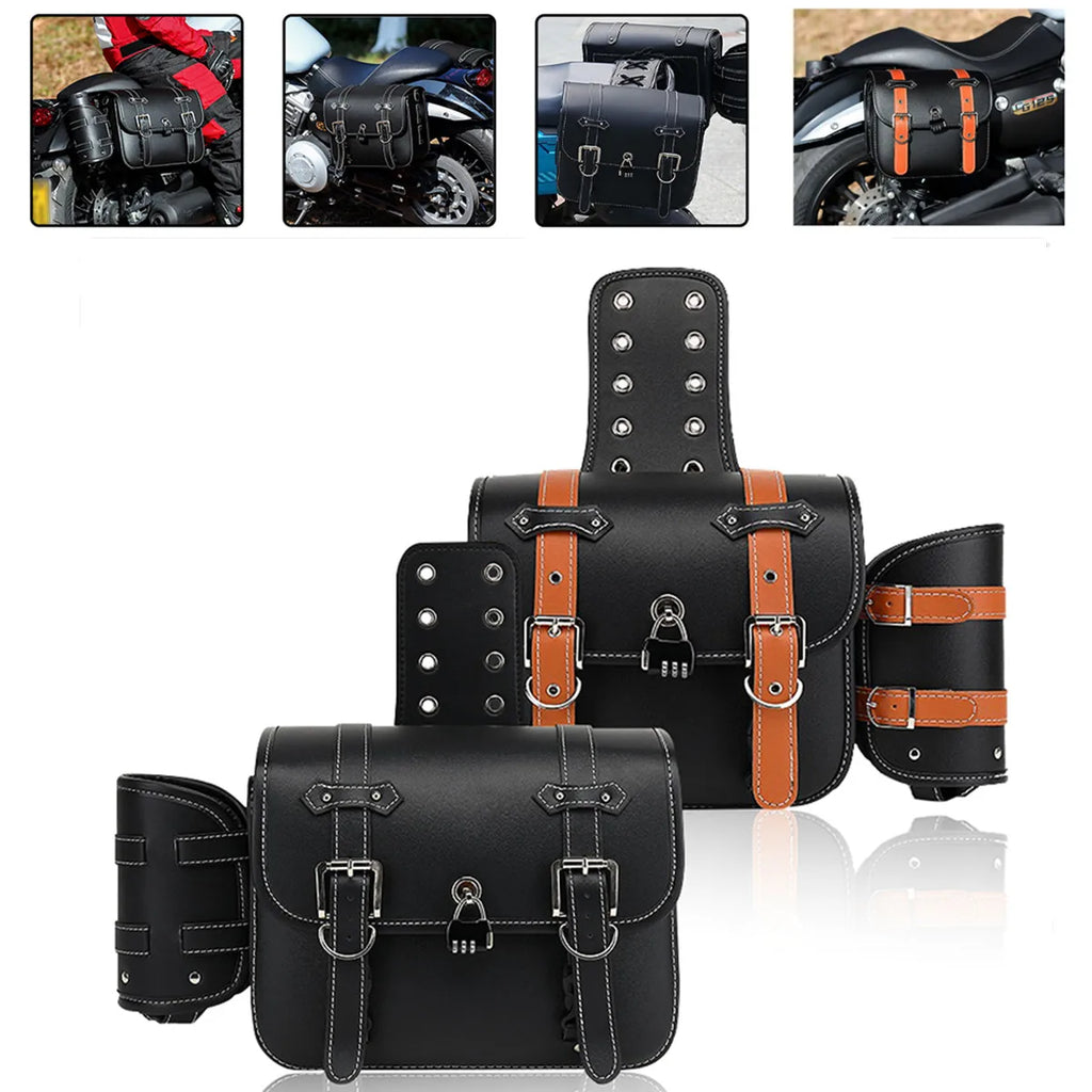 Retro Motorcycle Saddlebags | PU Leather Side Bags for Cruisers & Bobbers (Pair)