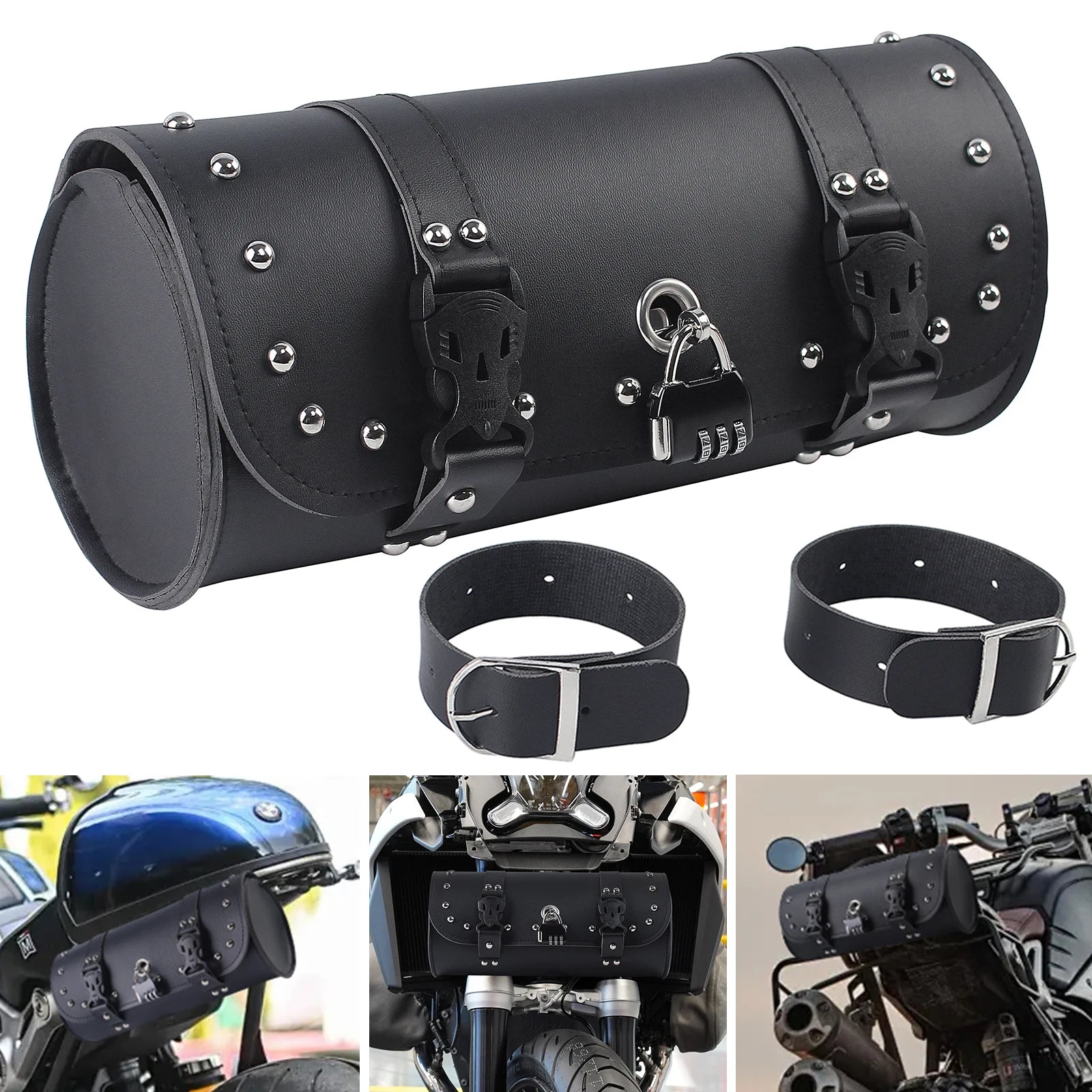 Retro Handlebar Roll Bag | Lockable Faux Leather Motorcycle Tool Bag